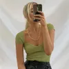 Aproms Green Square Neck Ribbed Sticked T-shirt Women Sexig Solid Color High Strench Tshirt Cool Girls Street Style Crop Top 220326250B