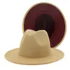 Tan Burgund Patchwork Faux Wollfilz Jazz Fedora Hüte mit Filzband Damen Herren Flache Krempe Panama Trilby Cap Party Hat337Z