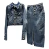 Vestidos de trabalho prepomp 2023 outono turn down colarinho botões de metal azul denim jaqueta saia longa conjunto de duas peças roupas femininas gg899