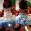 Милые блестящие мини-платья из органзы для девочек с открытыми плечами, расшитые бисером и стразами, кекс, сине-белые платья для маленьких девочек-цветочниц 230D