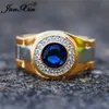 Herren Runde Blau Stein Hochzeit Ringe Für Männer Frauen Gelb Gold Farbe Versprechen Verlobungsring Männlichen Boho Zirkon Schmuck CZ181e