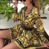 Fashion-Sexy Paisley Vintage Print Gold Dress Women Holiday Beach Casual Dress Summer Elegant Short Party Club Large Size288p