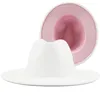 New Outer white Inner pink Wool Felt Jazz Fedora Hats with Thin Belt Buckle Men Women Wide Brim Panama Trilby Cap 56-58CM332A