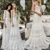 2019 Vestidos de novia de encaje de gasa fluidos Playa Boho Modesto Inbal Raviv Vintage Crochet Lace V-cuello Vacaciones de verano País Nupcial Dr243q