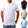 Nouveau été hommes chemise Baggy coton lin solide à manches courtes col en v haut rétro chemisier streetwear camisas hombre279H