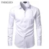 Белые мужские рубашки из бамбукового волокна, повседневные облегающие классические рубашки на пуговицах, мужские однотонные рубашки Soical с карманами, формальные деловые рубашки Camisas1229v