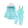 Conjuntos de roupas Crianças Inverno Pele Snowsuit Meninos Meninas Mais Veludo Espessamento Quente À Prova de Vento Casaco de Algodão Calças de Neve 2 Pcs Jaquetas Com Capuz 230915