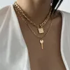 Charm Link Chain Choker Necklace Punk Multilayer Padlock Key Long Pendant Necklace for Women Gold Color Collar Jewlery192q