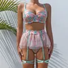 Rosa rosa conjuntos de sutiã meninas lingerie sexy transparente malha moda pijamas roupa interior transparente g-string pijamas sexy lingerie pornô erótico