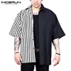 INCERUN 2020 Fashion Striped Patchwork Men Shirt Short Sleeve Loose Button Up Hip-hop Personality Casual Brand Shirts Men Camisa226l