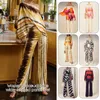 Women's Two Piece Pants 2 Pcs/Sets Women Fashion Print Satin Lantern Sleeve Off Shoulder Tops Wide Leg Suit Casual Chic Blouse Office Lady