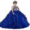 Luxo azul real 2018 meninas pageant vestidos organza babados contas de cristal princesa vestidos de baile crianças festa para casamento flor menina 230m