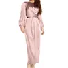 Frauen Arabischen Muslimischen Satin Puff Langarm Maxi Kleid Einfarbig Wrap Vorne Selbst Krawatte Abaya Dubai Türkei Hijab Robe kaftan1227P