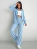 Damen-Nachtwäsche, Marthaqiqi, blaue Baumwoll-Pyjama-Sets, lange Ärmel, Umlegekragen, Nachtwäsche, weites Bein, Hosen, Femme-Pyjama-Anzüge