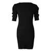 Casual Dresses Women Summer Puff Half Sleeve Crew Neck Ribbed Sticked BodyCon Midi Dress Simple Solid Color Empire Midja Pencil N7YD