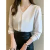 Women's Polos Long Sleeve Office Lady White Blouse Women Blusas Mujer De Moda 2023 V-Neck Chiffon Shirt Tops Blouses Shirts G175