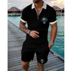 Fatos masculinos Polo Tracksuit Shorts Conjuntos para Homem Roupas Crânio Escuro Deejay com Bandeira Islandesa Moda 2 Peça Traje de Jogging Anime