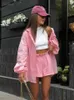 Damen-Trainingsanzüge, rosa, High Street, Damen-Shorts, Anzüge aus Leinen, zweiteilig, lässige Outfits, Baumwolle, Oversize-Hemden, weite Beine, 2-teilig