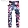 Calças de brim masculinas Slim Fit Tie-Dye Jeans Calças Stretchy Skinny Straight Leg Lavado Mens Desfiado Motocycle Denim Hip Hop Stretch Biker Calças Roxas 540 L230918