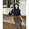 Women's Blouses Elegant Women Denim Shirt Set Bow Turtleneck Lantern Sleeve Pullover Jean Blouse High Waist Solid Split Brown Pu Skirt 2Pcs