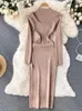 Casual Dresses Women 2023 Cut Out Front Slit Sexy Night Midi Dress Mock Neck Long Sleeve Ribbed Knitted Bodycon