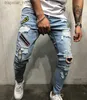 Jeans masculinos homens elegante rasgado magro jeans moda designer lavado zíper painéis motociclista reto desgastado estiramento denim calças streetwear calças l230918