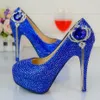 Moda artesanal azul real strass sapatos de casamento dedo do pé redondo deslizamento-on salto alto stilettos baile de formatura bombas mais tamanho 44 45294a