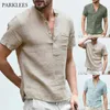 Linen Shirts Men 2020 Summer Short Sleeve Henley Shirt Chemise Homme Loose Button Shirt Breathable Solid Male Shirts with Pocket2860