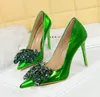 Women 10.5cm High Heels Green Pumps Lady Plus Size 35-42 Wedding Middle Low Kitten Heels Bling Crystal Rhinestone Party Bow Shoes