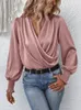 Women's Blouses Simple Cross Pleated Blouse Solid Color V Neck Shirt Spring Summer Retro Lantern Long Sleeved Female White Office