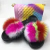 Slippers Fluffy Women Fur Slippers Set-Handbag Furry Real Fox Fur Slides Shoes Rainbow Colorful Jelly Shoulder Bag Candy Crossbody Purse x0916