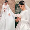 Cheap Modest Long Sleeves Satin Wedding Dresses Bateau Neck Sweep Train Long Sleeves Plus Size Country Bridal Gowns Vestidos De No2786