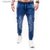 Męskie dżinsy mężczyźni Wysokiej jakości dżinsy elastyczne talia sznurka multi-pockets Spodnie sportowe Hip-hop dżinsowe dżinsowe spodni do joggingu x0621 L230918