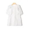 Women's Blouses Women Shirt 2023 Spring Round Neck Embroidery Ruffle White Short-sleeved