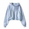 Frauen Hoodies Herbst Frühling Zip Up Taschen Schlank Crop Top Frauen Jacke Weibliche Kleidung Kordelzug Weiß Sexy Hoody Baumwolle mäntel