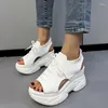 Sandals Women's Casual Mesh Breathable Summer Open Toe White Ladies Platform Wedges High Heeled Hollow Shoes Plus Size