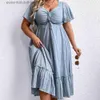 Podstawowe sukienki swobodne Somo Plus Size Sukienki Letnie sukienki niebieskie eleganckie rękawy seksowne biuro dama w dniu wysokim talii Hurtowa sukienka hurtowa l230918