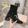 23ss fashion glossy boots women high heels m iu designer shoes thick with metal buckle medium tube zip leather Boots women's casual Shoes 002