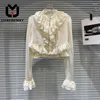 Blusas femininas LUXEENVY Chiffon Camisa Elegante Gola Manga Comprida Cor Sólida Plissada Babados Outono