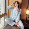 Dames nachtkleding pyjama lente dun vest set ijs en sneeuw zijde verticale streep bedrukt woninginrichting