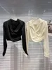 Kvinnors blusar 2023 Autumn Fashion Oregelbundet V-Neck Silk Kort skjorta för kvinnor långärmad fast färg skrynklig blus kvinnlig 11xx5635