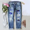 Women's Jeans Direct Cross-Border European And American Greek Sorority Middle Waist Printed Sticker Hole Washed For Women 2023