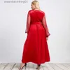 Grundlegende Freizeitkleider Elegante Mode Frauen Abend Partykleid Sexy Mesh Langarm V-Ausschnitt Schlanke Taille Maxi Plus Size Kleid Rot Vestido 3XL 4XL Robe L230918