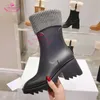 Stövlar 2023 PVC Chunky Heel Rain Boots For Women Thick Sole Ankel Designer Brand Chelsea Mid Calf Rubber Shoes Mujer 230914