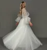 Vintage Long Sweetheart Tulle pärlor bröllopsklänningar med ärmar a-line elfenben golvlängd vestidos de novia abendkleid brudklänning för kvinnor