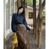 Women's Blouses Elegant Women Denim Shirt Set Bow Turtleneck Lantern Sleeve Pullover Jean Blouse High Waist Solid Split Brown Pu Skirt 2Pcs