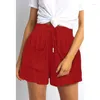 Kvinnors shorts sommar 2023 Fashion Löst fast färg Bomullsblandning Pocket Elastisk midjeband Tie Casual Elegant Sexy