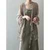 Kvinnors blusar Thin Chiffon Sunscreen Shirts Women 2023 Summer Loose Long Tops Collarless Soe Up Puff Sleeves Sheer Elegant