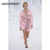 Roze Lange Trui Vesten Runway Fashion V-hals Lange Mouw Zak Elegante Kerstkleding Met Sjerpen Gebreid Uitloper 210714237G