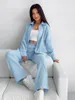 Damen-Nachtwäsche, Marthaqiqi, blaue Baumwoll-Pyjama-Sets, lange Ärmel, Umlegekragen, Nachtwäsche, weites Bein, Hosen, Femme-Pyjama-Anzüge